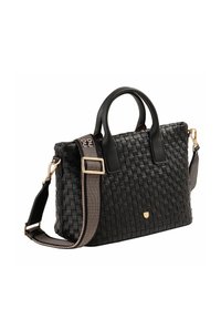 Borsa a tracolla in pelle intrecciata nera con doppi manici e una tracolla rimovibile. Accessori in oro e una forma strutturata.