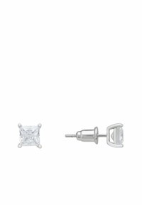 Clear crystal princess-cut stud earring with a silver metal setting and post. The earring features a four-prong design for secure attachment.
