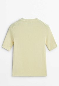 Yellow ribbed short-sleeve top with a crew neck and textured fabric, featuring a simple design and clean lines. No visible branding.
