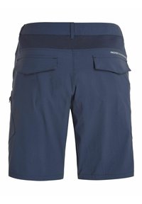 Navy buiten korte broek met een gladde synthetische textuur, voorzien van twee achterzakken, een elastische tailleband en een logo-detail aan de zijkant.