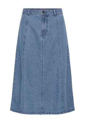 Jupe trapèze en denim bleu avec coutures devant, passants pour ceinture et fermeture à bouton à la taille, style longueur genou.