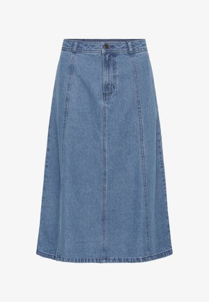 Jupe trapèze en denim bleu avec coutures devant, passants pour ceinture et fermeture à bouton à la taille, style longueur genou.