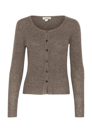 Brown knitted cardigan with a round neckline, long sleeves, and six dark buttons down the front. Soft texture and fitted design.
