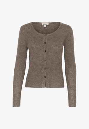 Hnědý pletený cardigan s kulatým výstřihem, dlouhými rukávy a šesti tmavými knoflíky vpředu. Měkká textura a přiléhavý střih.