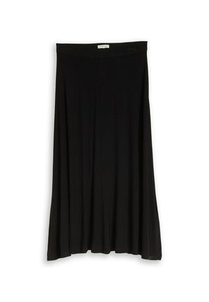 Czarna spódnica w kształcie litery A z gładkim paskiem i delikatnymi zakładkami, wisząca płasko na białym tle.