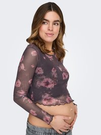 Doorschijnende top met lange mouwen en een bloemmotief in tinten roze op een donkere achtergrond. Verkort model met een geschulpte zoom en mouwen.