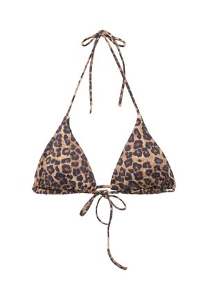 Trikotni zgornji del bikinija z nastavljivimi trakovi za vezanje, v rjavo-črnem vzorcu z leopardjim potiskom.