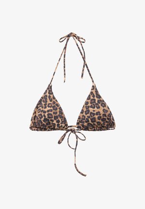 Góra od bikini w kształcie trójkąta z regulowanymi wiązanymi ramiączkami, w brązowo-czarny wzór w cętki lamparta.