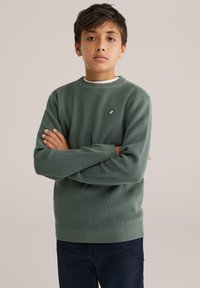 Zaļš adīts džemperis ar teksturētu rakstu, ar apaļu izgriezumu un ribinātām piedurknēm. Uz krūtīm ir neliels melns logos. Nēsāts pāri tumšiem džinsiem.