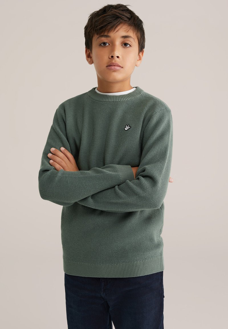 Zaļš adīts džemperis ar teksturētu rakstu, ar apaļu izgriezumu un ribinātām piedurknēm. Uz krūtīm ir neliels melns logos. Nēsāts pāri tumšiem džinsiem.