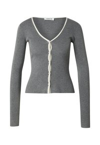 Grijze geribbelde cardigan met lange mouwen, een V-hals, crèmekleurige afwerking langs de kraag en knopenrij, met zes knopen aan de voorkant.
