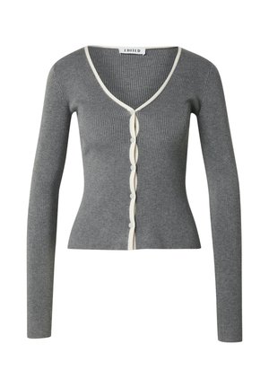 Grijze geribbelde cardigan met lange mouwen, een V-hals, crèmekleurige afwerking langs de kraag en knopenrij, met zes knopen aan de voorkant.