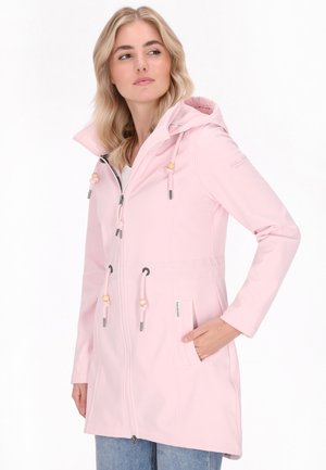 Light pink rain jacket with zip closure, adjustable hood, and drawstrings. Features two side pockets and elastic cuffs. Smooth texture.