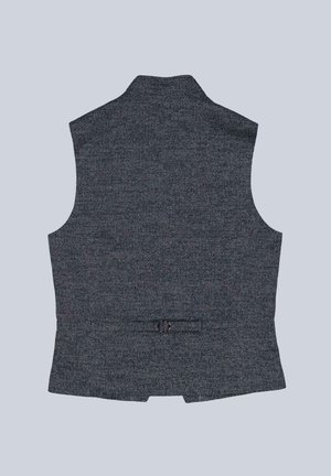 Grey tweed vest with a high collar, back vent, and adjustable buckle detail. The texture is woven with a subtle pattern.