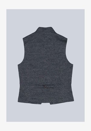 Grey tweed vest with a high collar, back vent, and adjustable buckle detail. The texture is woven with a subtle pattern.