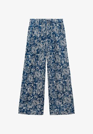 Pantaloni a gamba larga blu a motivo con un design paisley bianco. Il tessuto appare leggero con una morbida texture e una vita elastica.
