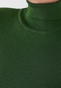 Pull à col roulé côtelé vert foncé, avec un col montant haut et un tissu texturé aux rayures verticales.