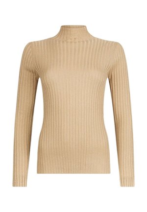 Maglione a collo alto beige a maniche lunghe con motivo a coste e silhouette aderente, che mostra un motivo a maglia verticale e un collo alto.