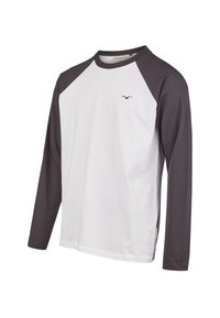 Langarm-T-Shirt mit einem weißen Körper und dunkelgrauen Raglanärmeln, aus weichem Material hergestellt, mit einem kleinen Logo auf der Brust.