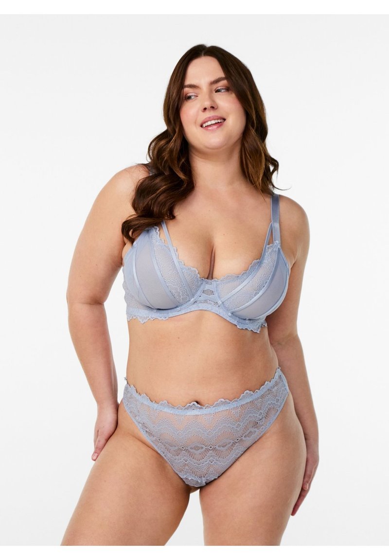 Light blue lingerie set featuring a lace bra with underwire and sheer panels, paired with a matching lace brief.