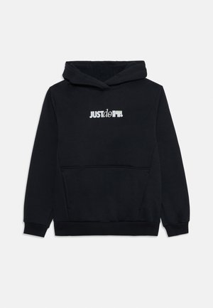 Sudadera con capucha negra, con un bolsillo tipo canguro en la parte frontal y el texto "SOLO hazlo" impreso en blanco y verde en el pecho.