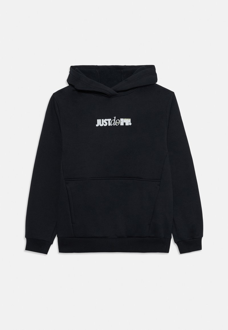 Svart hoodie med en framficka i kängurustil och texten "JUST do IT" tryckt i vitt och grönt över bröstet.