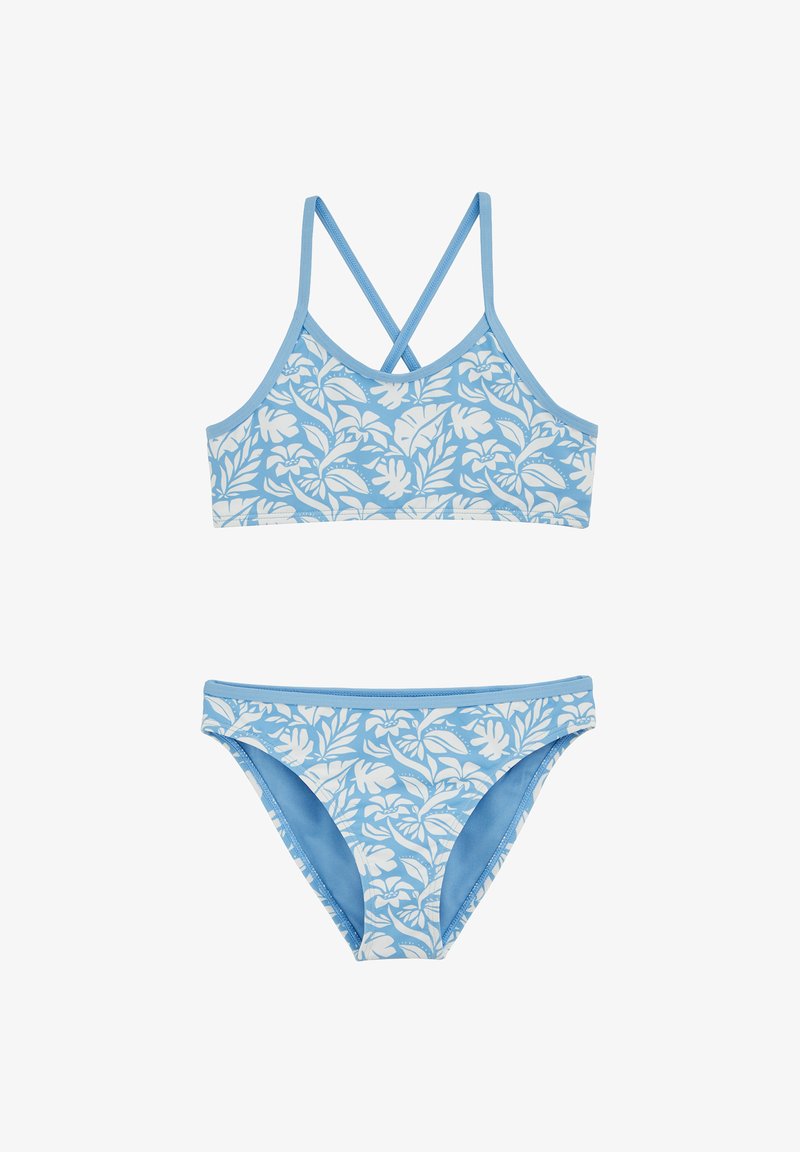 Ensemble bikini bleu clair avec motif floral blanc ; bralette à bretelles croisées et culotte de bikini assortie à finition lisse.
