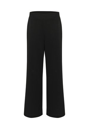 Fekete, bő szárú nadrág puha, rugalmas anyagból. Simább, elasztikus derékrésszel és egyenes szabással rendelkezik, látható minták nélkül.