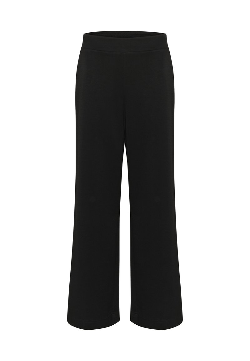 Schwarze, weite Hosen aus weichem, dehnbaren Material. Mit einem glatten, elastischen Bund und einer geraden Silhouette ohne sichtbare Muster.