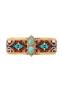 Bracelet de poignet en perles avec des perles en verre multicolores, métal doré et deux pierres turquoises au centre, présentant des motifs intriqués.