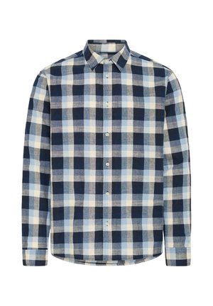 Marškiniai ilgomis rankovėmis su mygtukais, mėlynos, baltos ir pilkos spalvos dideliu languotu raštu ir klasikiniais apykaklėmis.