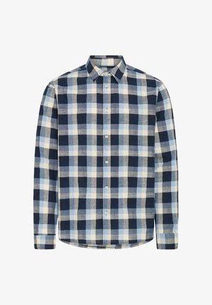 Langærmet skjorte med knapper, i blåt, hvidt og gråt stort ternet mønster og klassisk krave.