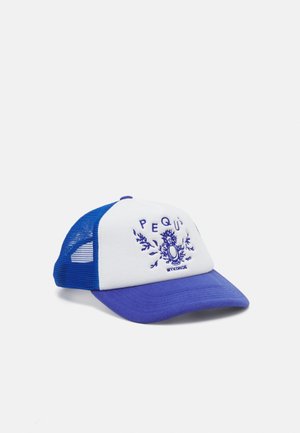 Casquette trucker blanche et bleue avec une visière bleue, motif floral brodé et le texte "PEQUÍ MYKONOS" à l'avant. Dos en maille pour une meilleure respirabilité.