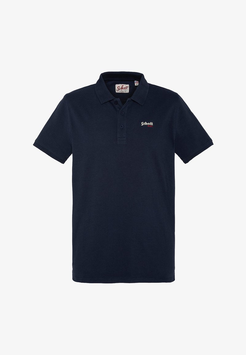 Polo shirt bleu marine en coton, avec un col, une patte de boutonnage à trois boutons et un petit logo brodé sur la poitrine.