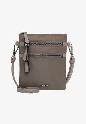 Kompakte Umhängetasche in Taupe mit zwei horizontalen Reißverschlusstaschen, verstellbarem Riemen und silberfarbener Hardware.