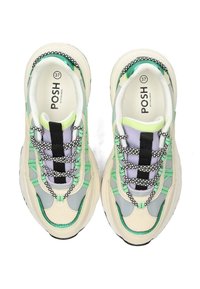 Baskets chunky avec un design multi-matériaux. Les couleurs incluent crème, vert, lavande et noir. Présentent des lacets texturés et des motifs superposés.