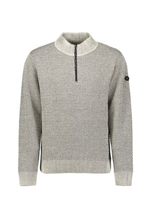 Light gray knitted pullover sweater with half-zip collar and ribbed cuffs and hem, featuring a small black patch on the left sleeve.