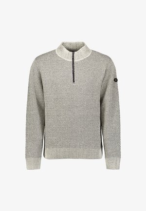 Lichtgrijze gebreide trui met halve rits kraag en geribbelde manchetten en zoom, met een klein zwart label op de linkermouw.