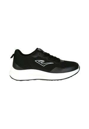 Scarpa sportiva nera con suola bianca ammortizzata e logo bianco sul lato, con tomaia in mesh e materiale sintetico e lacci neri.