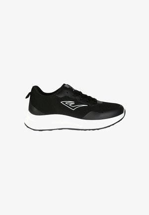 Scarpa sportiva nera con suola bianca ammortizzata e logo bianco sul lato, con tomaia in mesh e materiale sintetico e lacci neri.