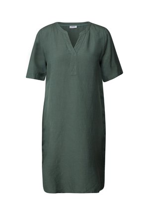 Groene linnen jurk met korte mouwen, een V-hals en een relaxte pasvorm. Bevat geen patronen of accenten voor een minimalistisch ontwerp.