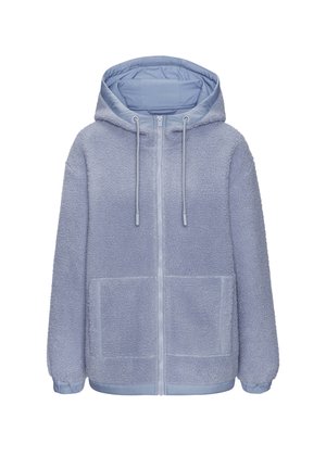 Hellblauer Fleece-Zip-Hoodie mit zwei Fronttaschen, Kordelzugkapuze und elastischen Bündchen.