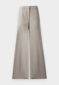 Harmaat leveät housut, jotka on valmistettu tekstuurista kankaasta ja joissa on pystysuorat pinstripes-raidat sekä hienovaraisia metallisia yksityiskohtia. Tasainen etuosa ja vyölenkit.