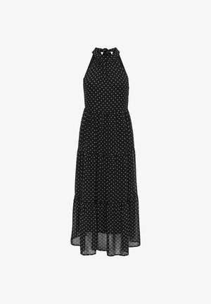 Robe noire sans manches à col halter avec pois blancs, jupe à volants et détail noué au niveau de l'encolure, longueur genou à mi-mollet.