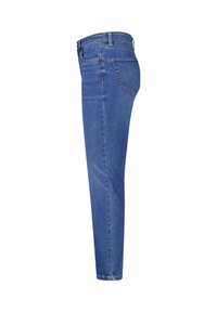 Strakke jeans van blauwe denim, met een taille op halverwege de heup, klassiek ontwerp met vijf zakken en een gladde, licht gestructureerde afwerking.