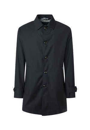 Cappotto leggero nero con colletto, chiusura a bottoni, due tasche laterali e maniche arrotolabili. Tessuto morbido e vestibilità su misura.