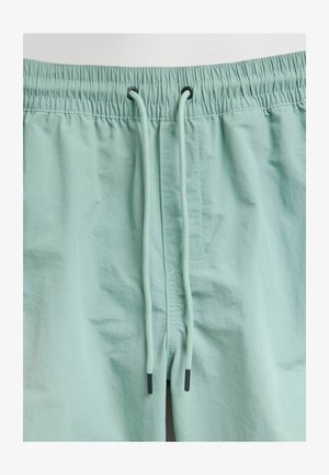 Shorts de bain vert menthe clair avec une taille élastique, cordon de serrage ajustable et texture lisse, légèrement brillante.