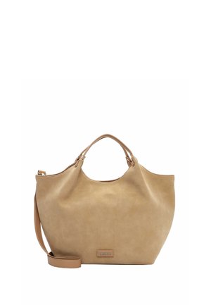 Tan leather tote handbag with short double handles, adjustable shoulder strap, and small rectangular logo plaque on front.