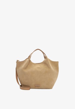 Borsa tote in pelle color cuoio con doppi manici corti, tracolla regolabile e piccola targhetta rettangolare con logo sul davanti.