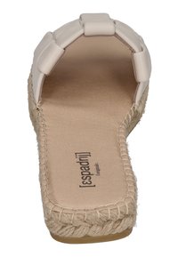 Beige espadrille sandal with woven textile upper, open toe design, jute sole, and soft fabric lining. Flat footbed with logo detail.